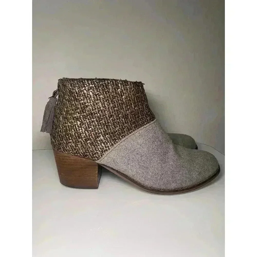Toms Womens Leila Bootie Grey Felt Shine Zip Up Size 9 Shoes Boots Block Heel